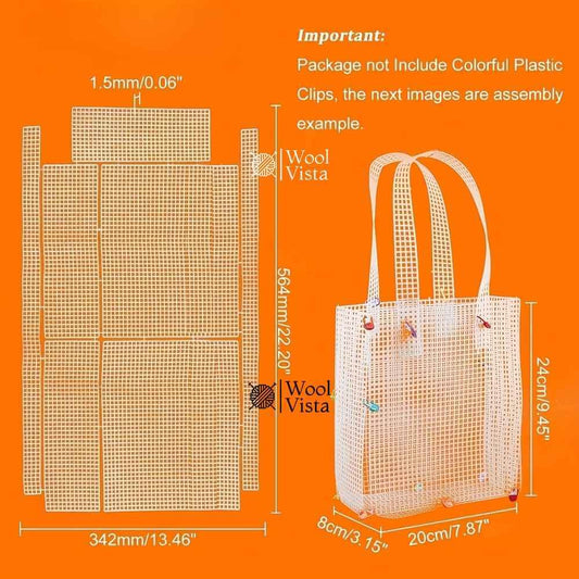Plastic mesh canvas tote bag kit size chart: 34.2 x 56.4 cm sheet pieces and finished bag 24 x 20 x 8 cm