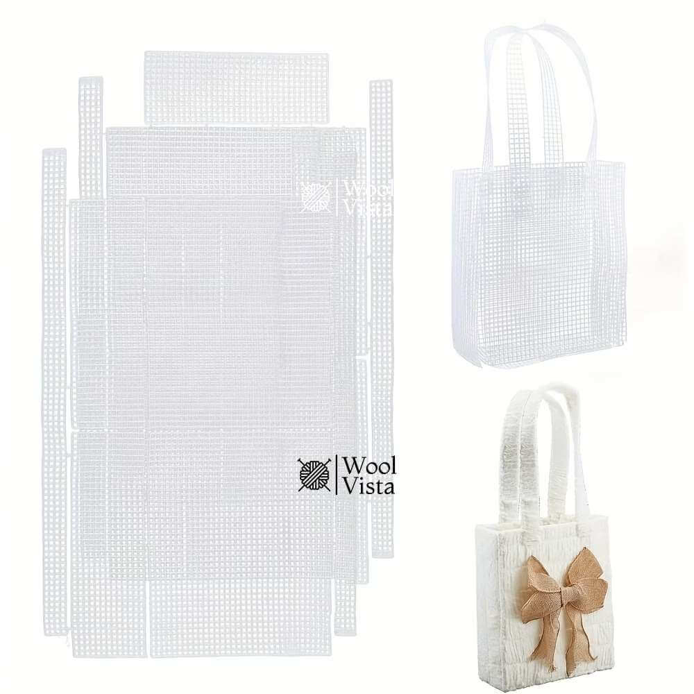 White plastic mesh canvas tote bag kit pieces with assembled mesh bag and finished crochet tote