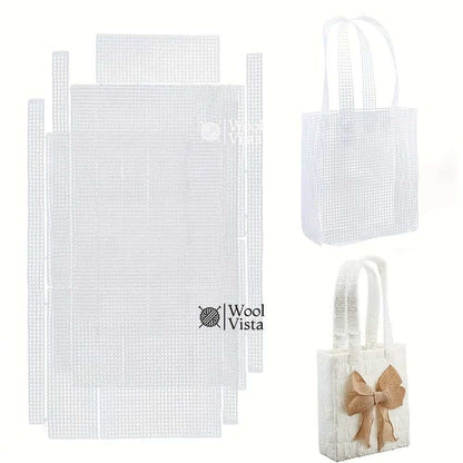 White plastic mesh canvas tote bag kit pieces with assembled mesh bag and finished crochet tote