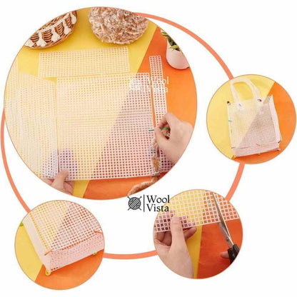 Steps to assemble a plastic mesh canvas tote bag: stitching yarn, cutting the mesh and clipping the pieces