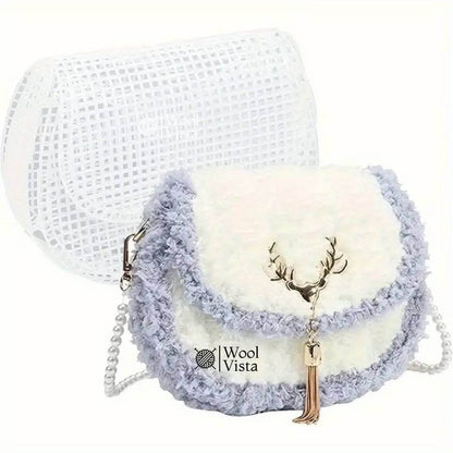 White plastic mesh saddle bag base next to a finished fluffy crochet crossbody bag with pearl strap and deer charm